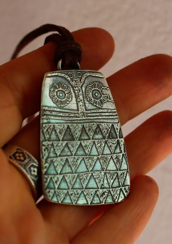 Hibou néolithique, collier oiseau de l’âge du Cuivre en argent