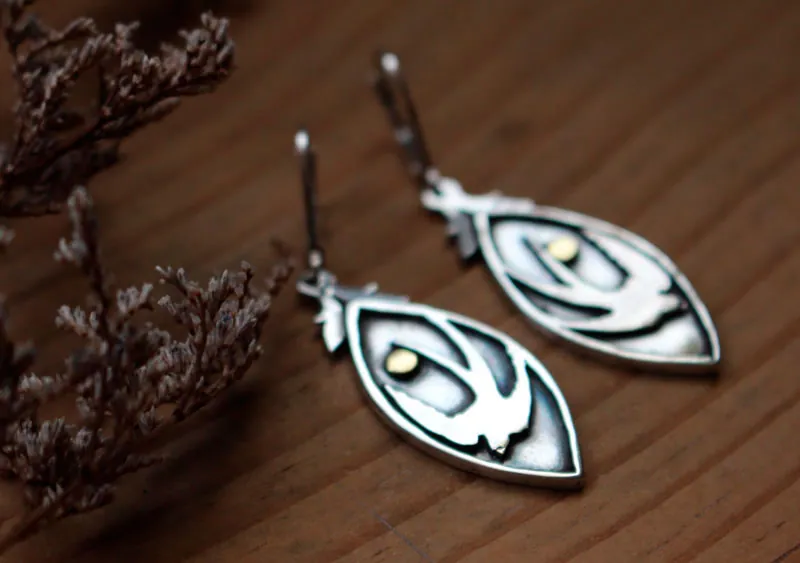 Hirondelle du printemps, boucles d’oreilles oiseau et soleil en argent et laiton
