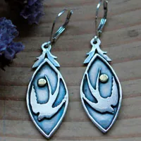 Hirondelle du printemps, boucles d’oreilles oiseau et soleil en argent et laiton
