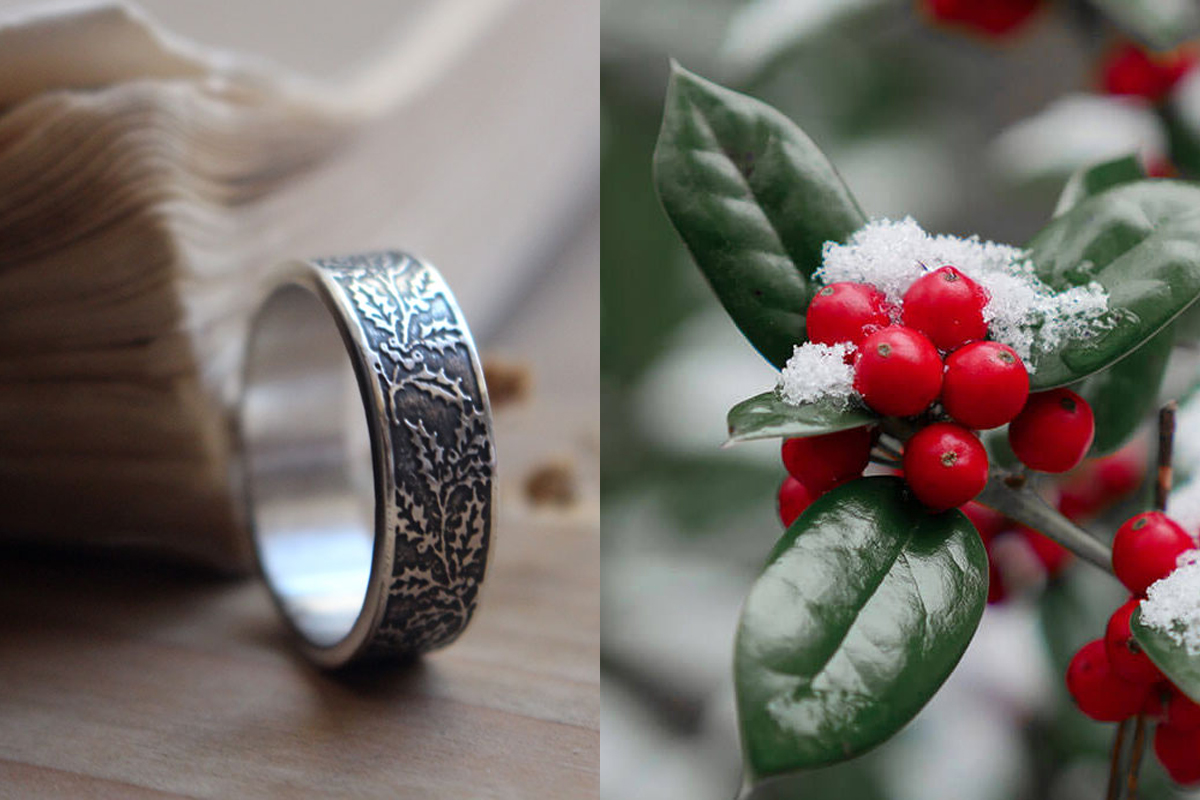 Houx, bague fleur et fruit de l’hiver en argent