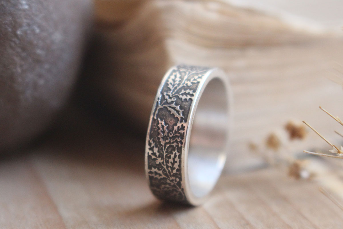 Houx, bague fleur et fruit de l’hiver en argent