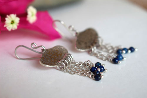 Huyana, boucles d’oreilles pluie amérindienne en argent et lapis-lazuli