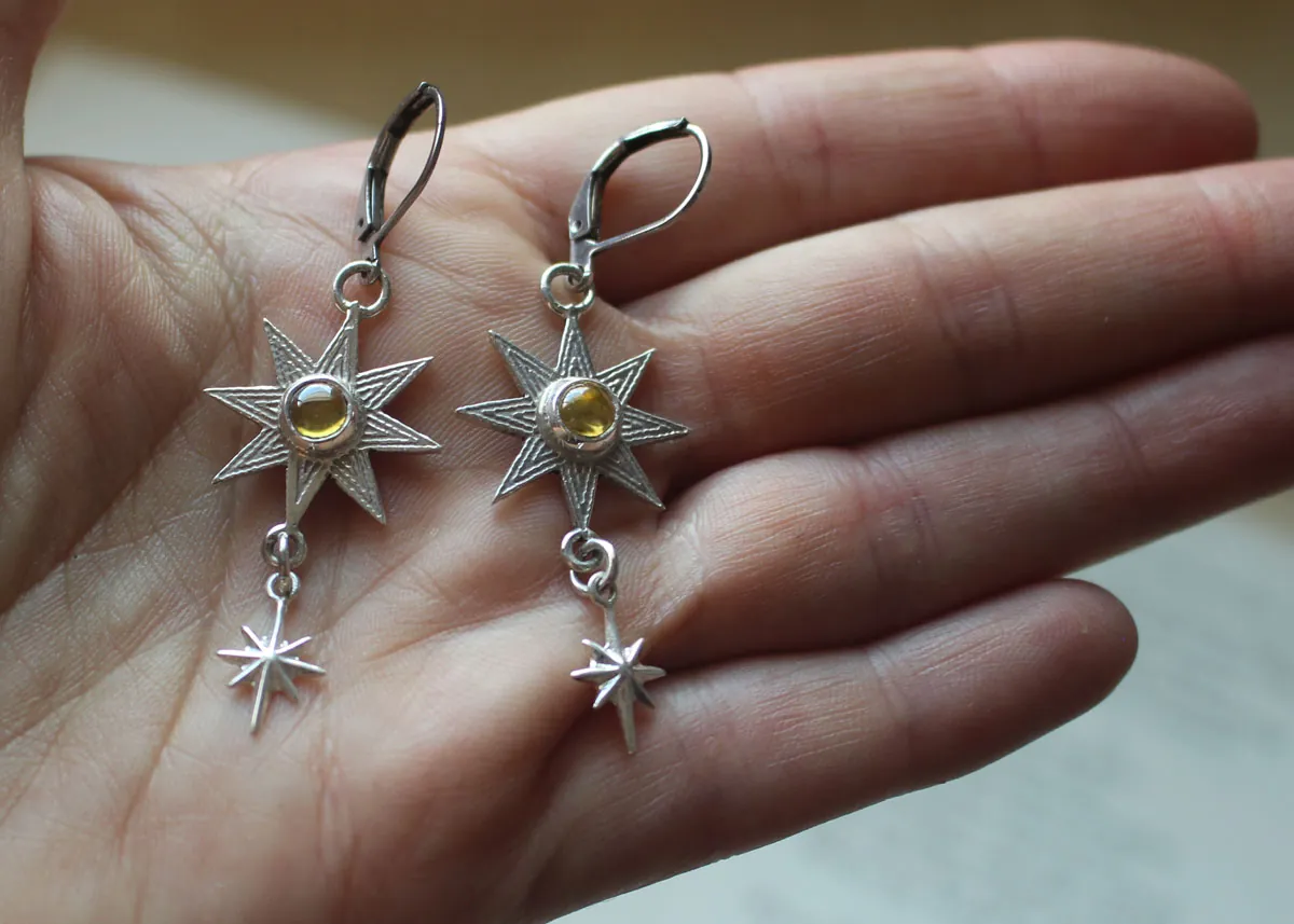 Ishtar, boucles d’oreilles étoile mésopotamienne en argent et zircon jaune