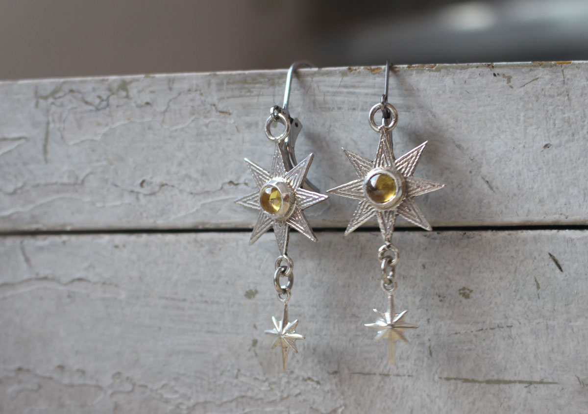 Ishtar, boucles d’oreilles étoile mésopotamienne en argent et zircon jaune