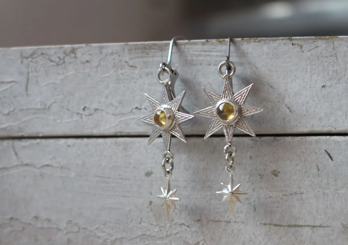 Ishtar, boucles d’oreilles étoile mésopotamienne en argent et zircon jaune