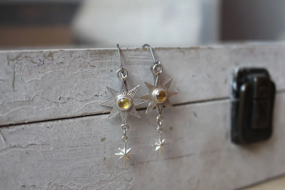 Ishtar, boucles d’oreilles étoile mésopotamienne en argent et zircon jaune