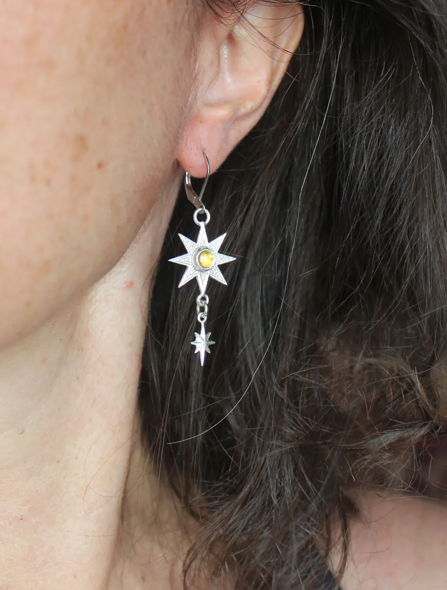Ishtar, boucles d’oreilles étoile mésopotamienne en argent et zircon jaune