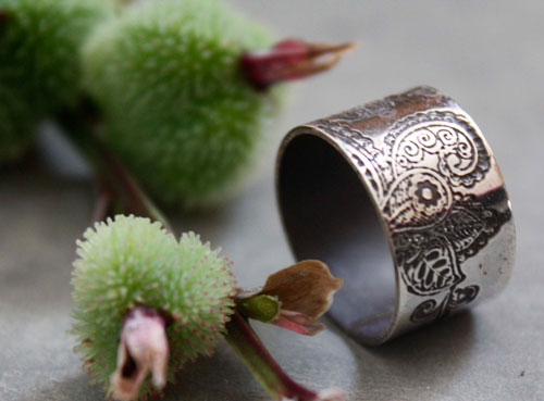 Jasmin d&rsquo;hiver, bague fleur indienne, motif cachemire en argent