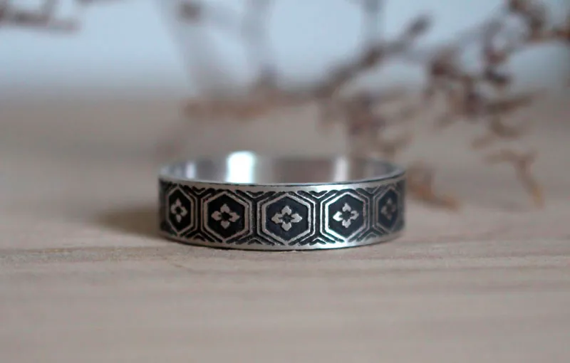 Kikko hanabishi, bague écailles de tortue japonaise en argent