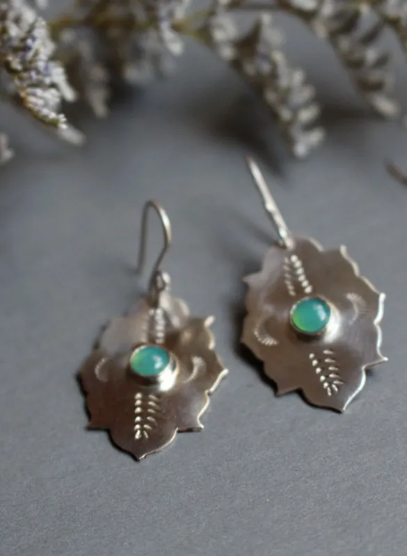 Kirakee, boucles d’oreilles architecture orientale mauresque en argent et chrysoprase