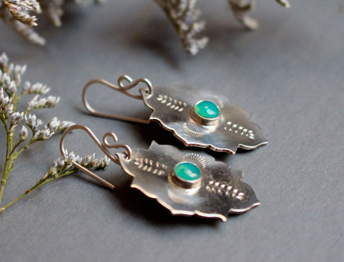 Kirakee, boucles d’oreilles architecture orientale mauresque en argent et chrysoprase