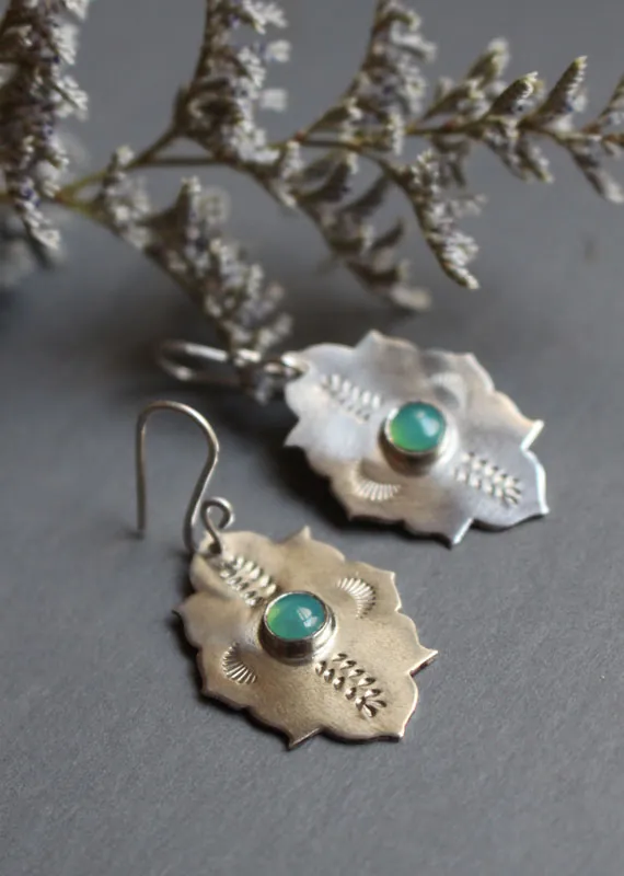 Kirakee, boucles d’oreilles architecture orientale mauresque en argent et chrysoprase