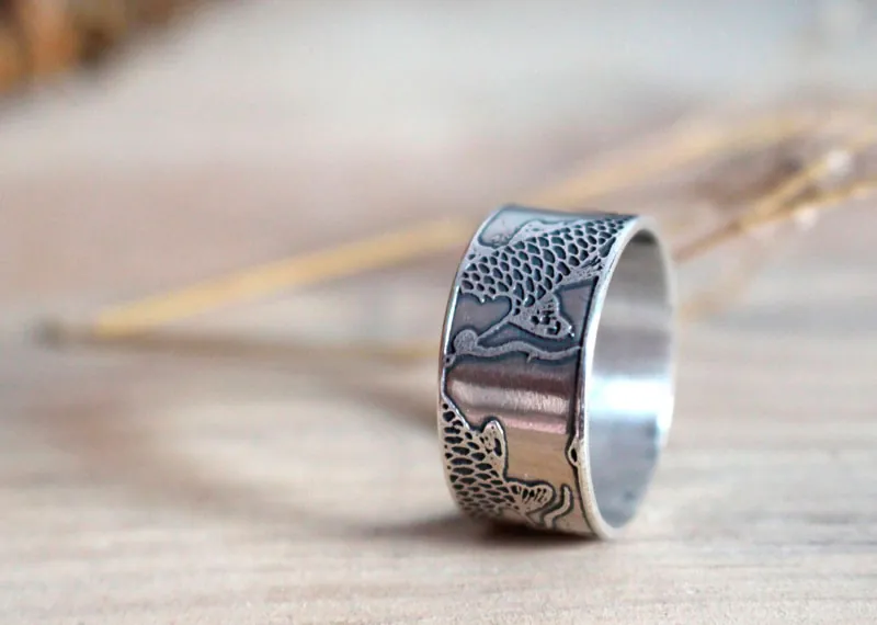 Koï, bague carpe poisson japonais en argent