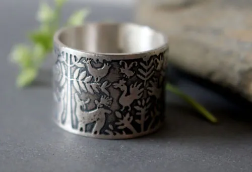 L’arbre aux biches, bague cerfs et oiseaux otomi en argent