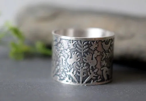 L’arbre aux biches, bague cerfs et oiseaux otomi en argent