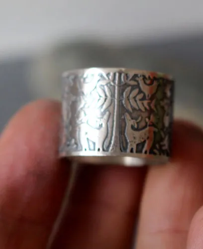 L’arbre aux biches, bague cerfs et oiseaux otomi en argent