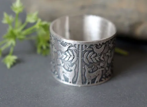 L’arbre aux biches, bague cerfs et oiseaux otomi en argent