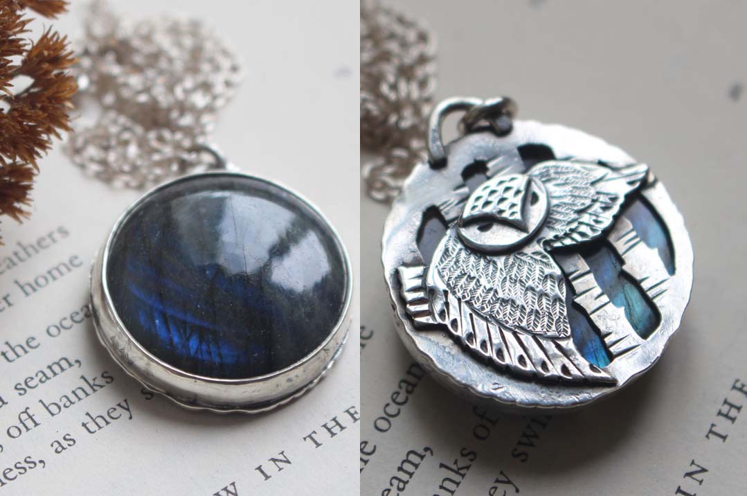 L’œil de la nuit, collier hibou dans la forêt en argent et labradorite
