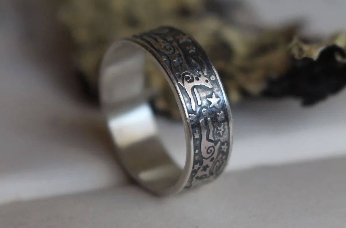 La farandole des lièvres, bague lapin du ciel nocturne en argent