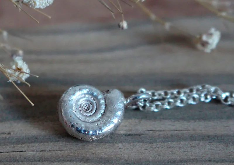 Le berceau de la vie, collier nautilus Ammonite et pierre de naissance en argent et rubis