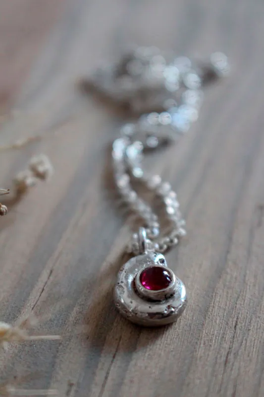 Le berceau de la vie, collier nautilus Ammonite et pierre de naissance en argent et rubis