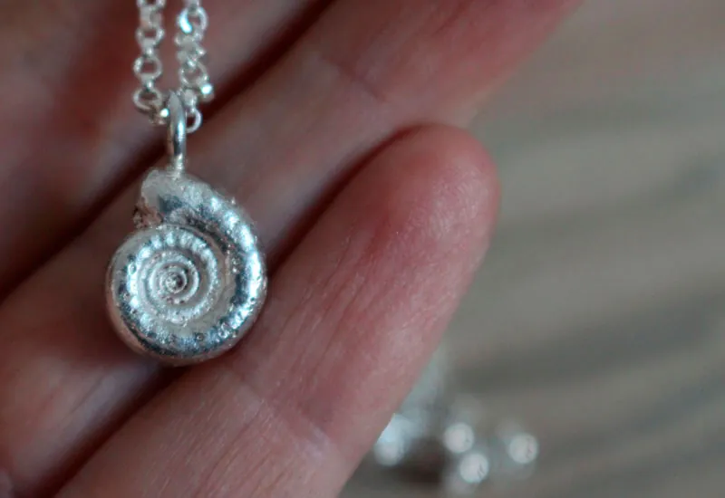 Le berceau de la vie, collier nautilus Ammonite et pierre de naissance en argent et rubis