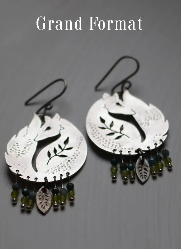 Le renard des blés, boucles d’oreilles ami du Petit Prince en argent, agate bleue et agate verte