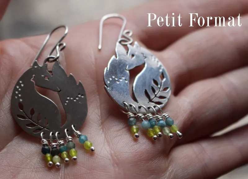 Le renard des blés, boucles d’oreilles ami du Petit Prince en argent, agate bleue et agate verte