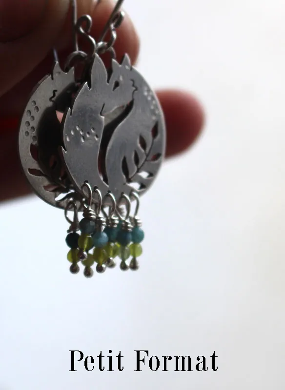 Le renard des blés, boucles d’oreilles ami du Petit Prince en argent, agate bleue et agate verte