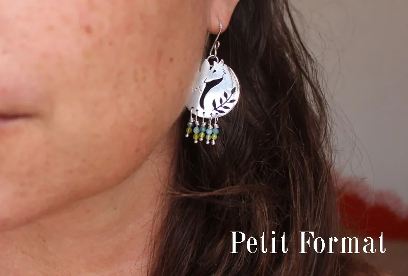 Le renard des blés, boucles d’oreilles ami du Petit Prince en argent, agate bleue et agate verte