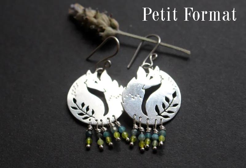Le renard des blés, boucles d’oreilles ami du Petit Prince en argent, agate bleue et agate verte