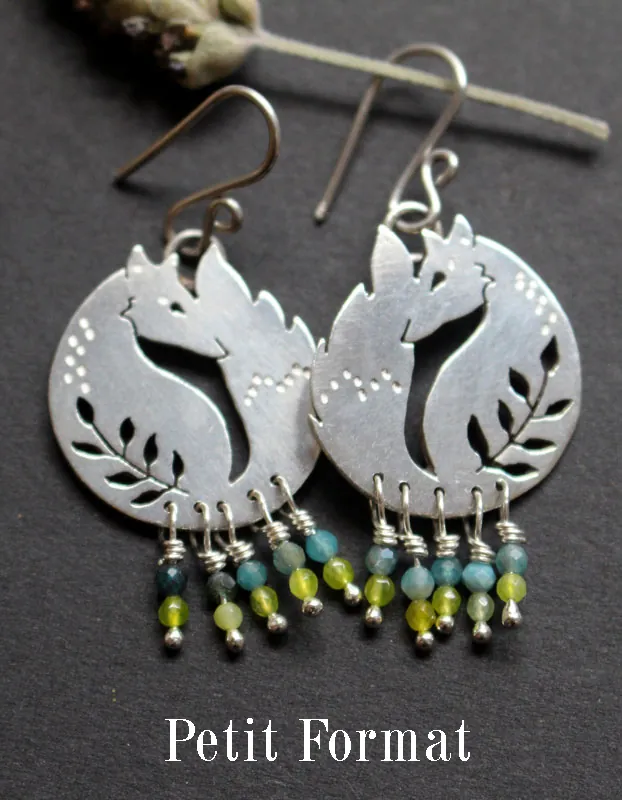 Le renard des blés, boucles d’oreilles ami du Petit Prince en argent, agate bleue et agate verte