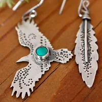 Liberté, boucles d’oreilles aigle et plume en argent et turquoise