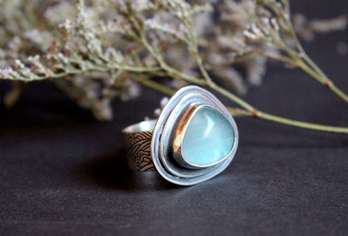 Le bleu des vagues, bague mouvement de la mer en argent et fluorite