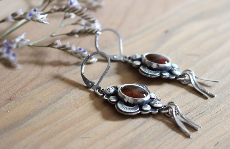 Le chant des lucioles-ambre, boucles d’oreilles lumière nocturne en argent et ambre