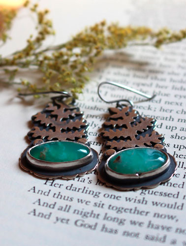 Le réveil de la terre, boucles d’oreilles fougère en argent et chrysoprase
