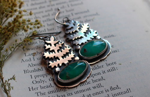 Le réveil de la terre, boucles d’oreilles fougère en argent et chrysoprase