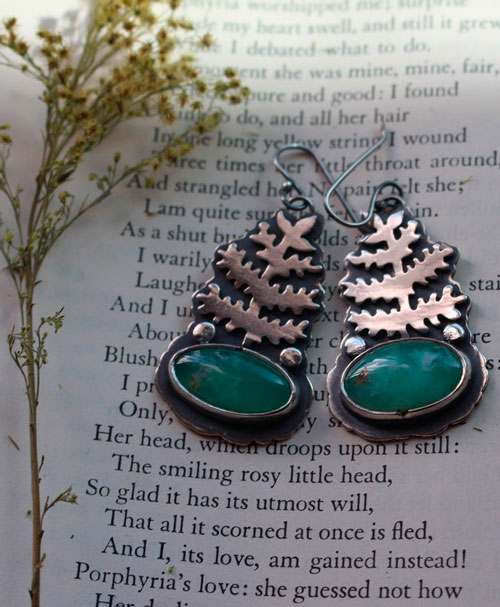 Le réveil de la terre, boucles d’oreilles fougère en argent et chrysoprase