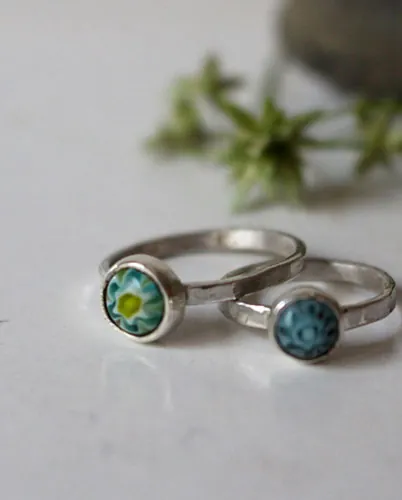 Mère et fille, bague famille en argent et millefiori