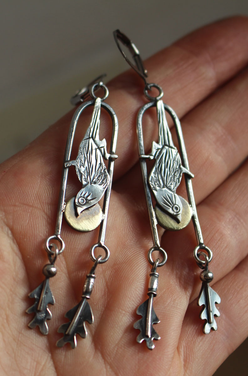 Moineau, boucles d’oreilles oiseau japonais en argent et laiton