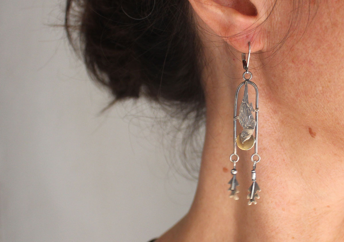 Moineau, boucles d’oreilles oiseau japonais en argent et laiton