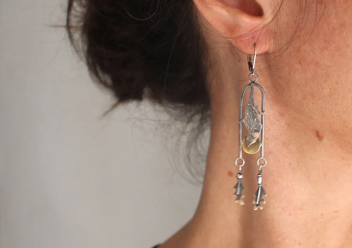 Moineau, boucles d’oreilles oiseau japonais en argent et laiton