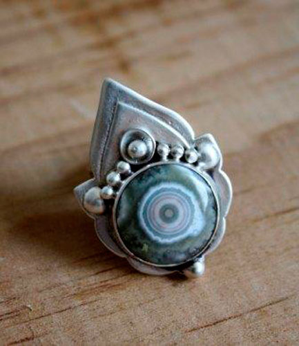 Mahila, bague troisième œil indien en argent et jaspe océan