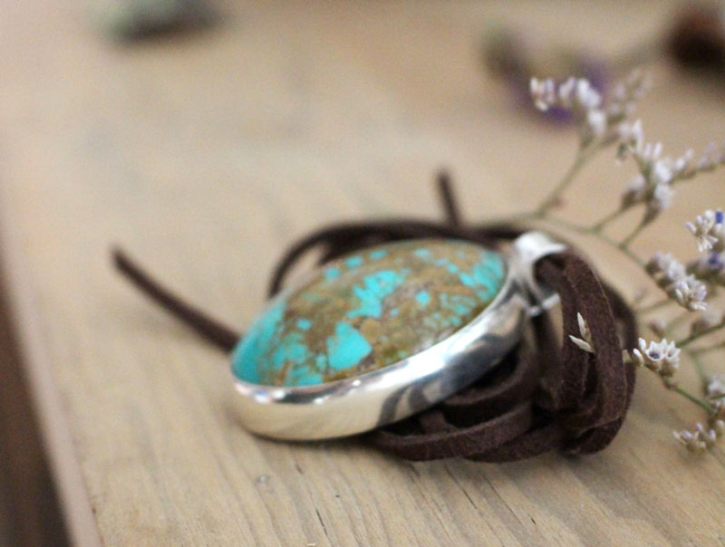 Miroir turquoise, pendentif argent et turquoise