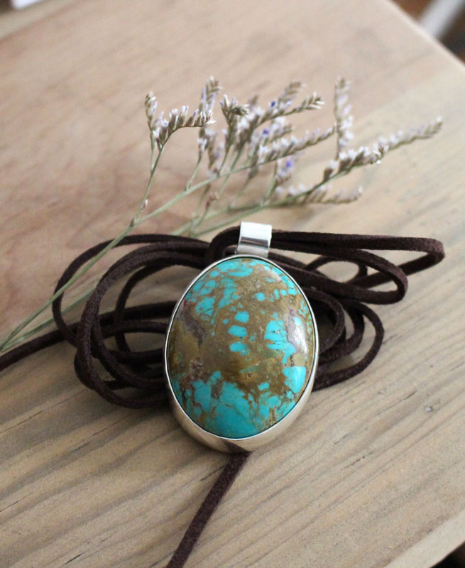 Miroir turquoise, pendentif argent et turquoise