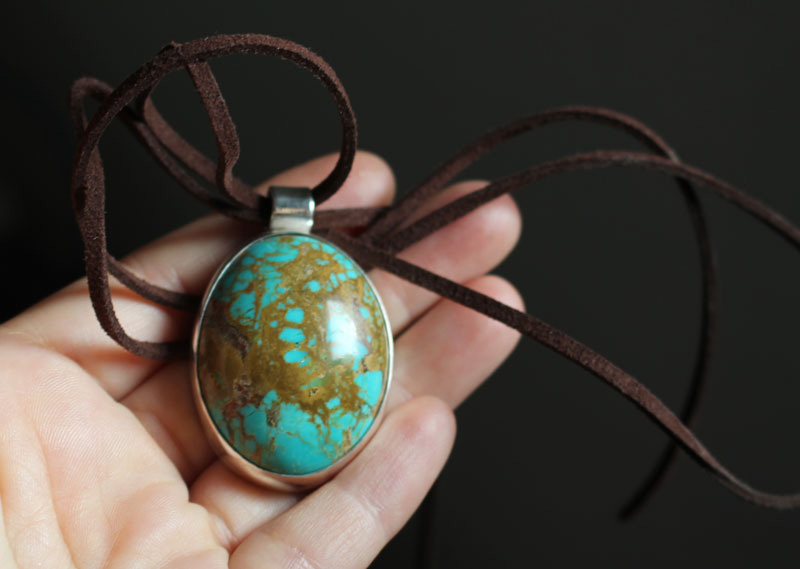 Miroir turquoise, pendentif argent et turquoise