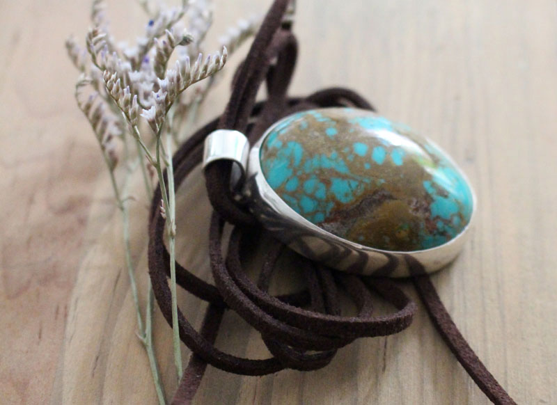 Miroir turquoise, pendentif argent et turquoise