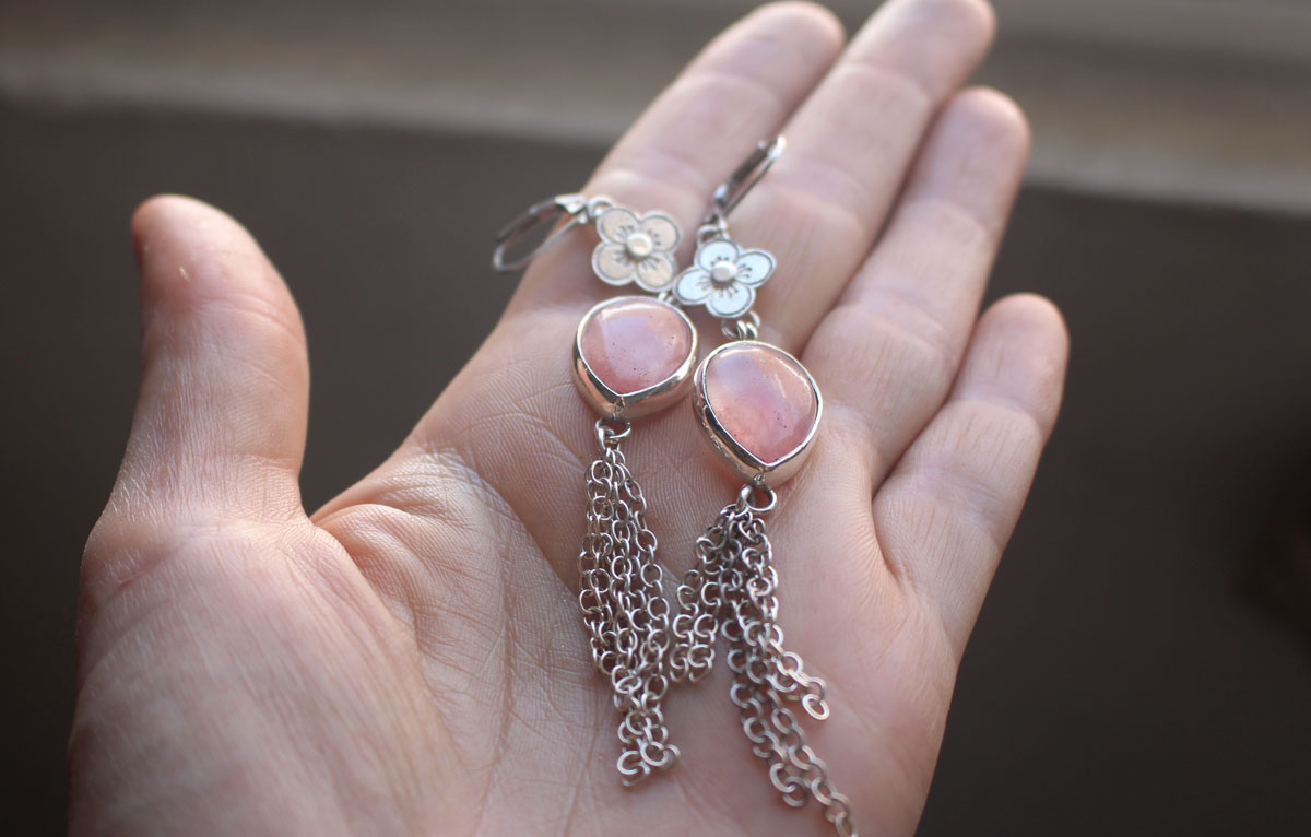 O-hanami, boucles d’oreilles fleurs de cerisier en argent et quartz rose
