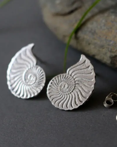 Ophite, boucles d’oreilles puces Ammonites en argent