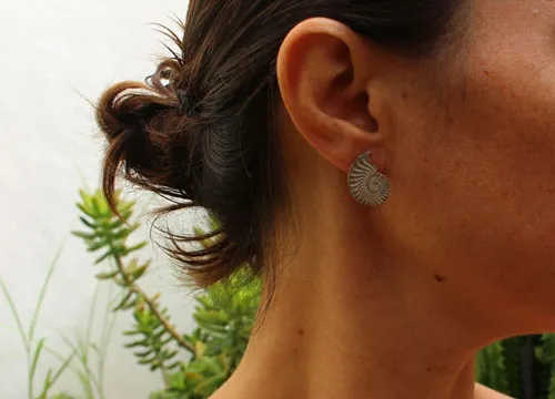 Ophite, boucles d’oreilles puces Ammonites en argent